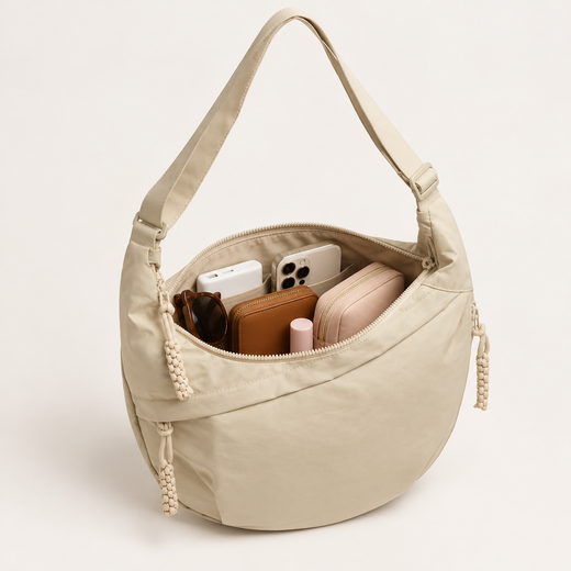 LUNA schoudertas open met powerbank, telefoon, portemonnee, zonnebril en lippenbalsem